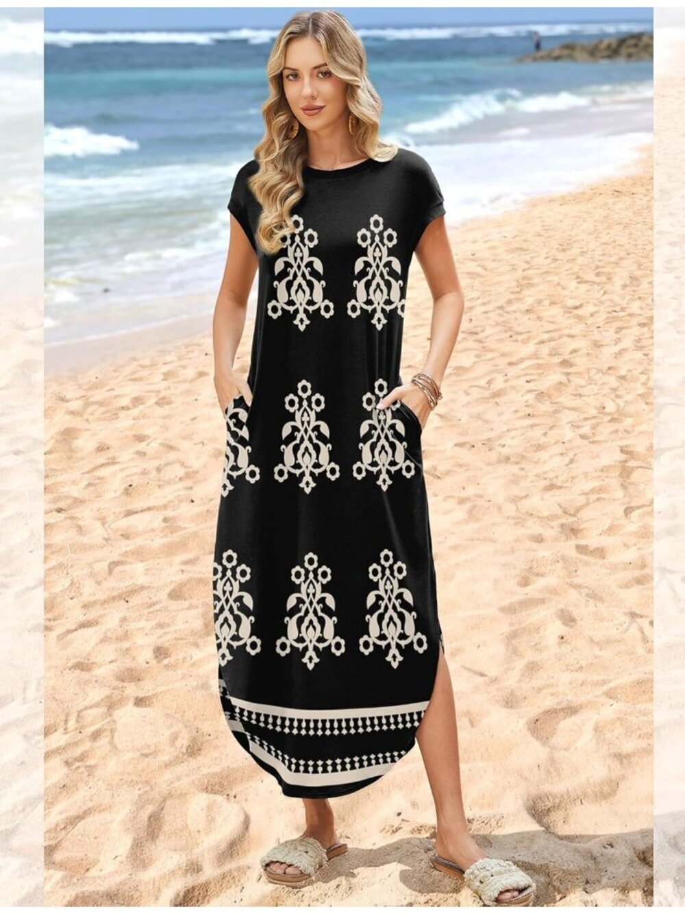 〽️Women's Floral Boho Black Cap Sleeve Crewneck Casual Long Summer Maxi Dress